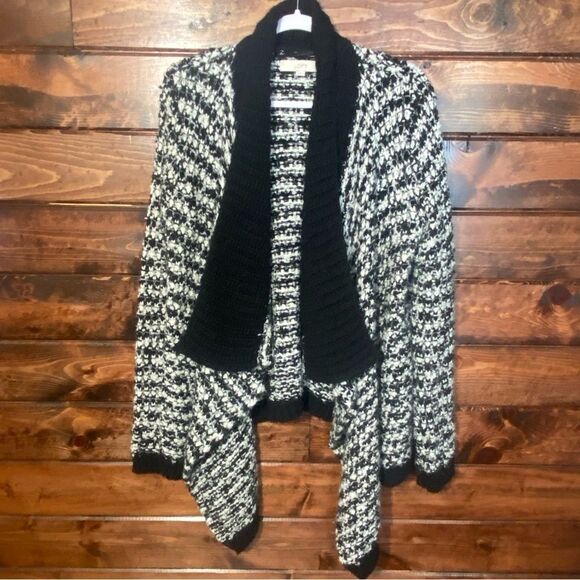 Loft Bouchle Knit Black and White Open Front Waterfall Wool BlendCardigan Size M - Picture 10 of 15